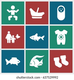 Little icons set. set of 9 little filled icons such as fish, baby, baby socks