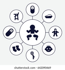 Little icons set. set of 9 little filled icons such as baby, baby socks, man holding globe