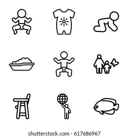 Little icons set. set of 9 little outline icons such as baby, fish, baby onesie, man holding globe, mother and son