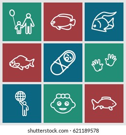 Little icons set. set of 9 little outline icons such as fish, baby girl, baby hands, man holding globe, father and son