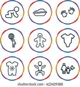 Little icons set. set of 9 little outline icons such as baby, baby onesie, man holding globe