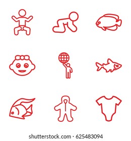 Little icons set. set of 9 little outline icons such as baby, fish, baby onesie