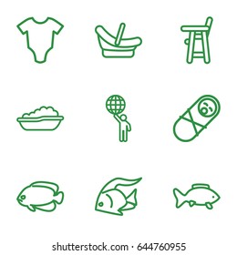 Little icons set. set of 9 little outline icons such as fish, baby onesie, baby bath, man holding globe