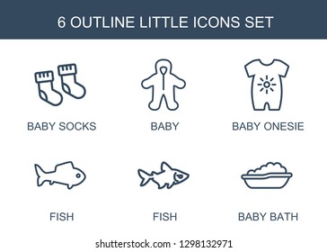 little icons. Trendy 6 little icons. Contain icons such as baby socks, baby, baby onesie, fish, bath. little icon for web and mobile.