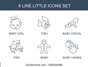 little icons. Trendy 6 little icons. Contain icons such as baby girl, fish, baby crawl, baby, hands. little icon for web and mobile.