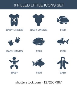 little icons. Trendy 9 little icons. Contain icons such as baby onesie, fish, baby hands, baby. little icon for web and mobile.