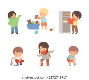 Little independent children set. Boys and girls getting dressed, cleaning up toys, sweeping floor, tying shoelaces cartoon vector illustration