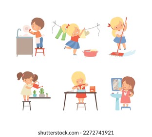 Little independent children set. Boys and girls washing, dishes, hanging clothes out to dry, mopping floor, watering plants and cooking cartoon vector illustration