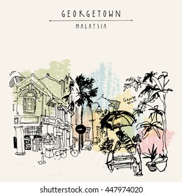 Little India district in Georgetown, Penang, Malaysia, Southeast Asia. Bicycle rickshaw with umbrella, historic buildings. Hand drawing. Travel sketch. Book illustration, postcard or poster in vector