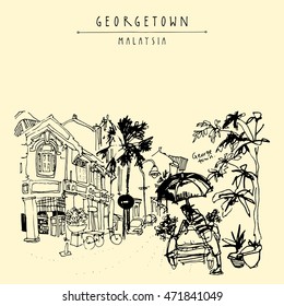 Little India district in Georgetown, Penang, Malaysia, Southeast Asia. Bicycle rickshaw with umbrella, historic buildings. Hand drawing. Travel sketch. Book illustration, postcard or poster in vector