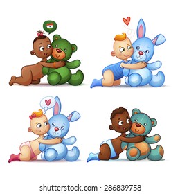 Little Indian African American and White girl and boy set. Happy Baby hugging teddy bear and bunny.