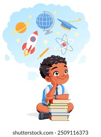 Little Indian boy in school uniform with a stack of books dreaming of a career in science. Cartoon vector illustration isolated on white background.