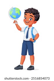 Little Indian boy in school uniform holding a globe. Cartoon vector illustration isolated on white background.