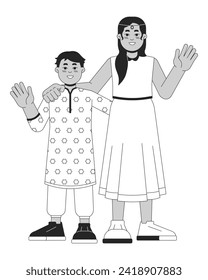 Little indian siblings black and white 2D line cartoon characters. Hugging together brother sister isolated vector outline people. Hindu festival lights Deepawali monochromatic flat spot illustration