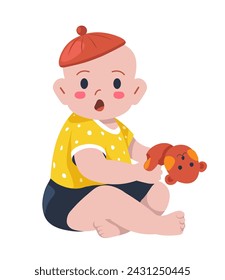 Niño o niña con expresión facial sorprendida o conmocionada. Niño aislado sentado y jugando con juguete de oso de peluche. Adorable niño con camiseta y gorra, pantalones cortos. Vector en estilo plano