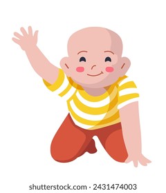 Little infant boy or girl waving hand and greeting, gesturing and showing positive emotion of friendship and love. Isolated cute personage, child with closed eyes and smile. Vector in flat style