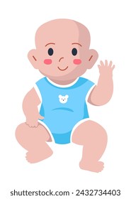 Little infant boy personage with blush on cheeks waving hand, greeting gesture of kid. Isolated cute kiddo character wearing onesie, smiling and positive child expression. Vector in flat style