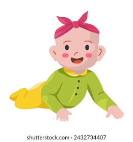 Little infant girl smiling or laughing positive expression. Isolated cute personage with headband or ribbon with knot. Crawling child with blush on cheeks and laugh on face. Vector in flat style