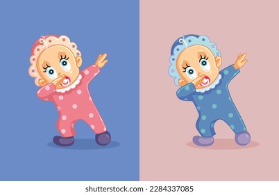 
Little Infant Siblings Dabbing and Dancing Funny Vector Cartoon. Gender reveal invitation card design with two cute little babies 
