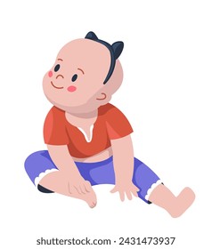 Niño pequeño sentado y mirando a un lado. Aislada niña linda con ropa moderna y banda de cabeza de gato con orejas. Personaje femenino sonriente positivo en pantalones cortos y camiseta. Vector en estilo plano