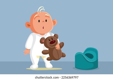 
Little Infant Trying Potty Training Having an accident Vector Cartoon. Little child not getting to the toilet in time experiencing urine leakage
