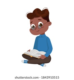 Little Intelligent African American Boy Sitting on Floor and Reading Book, Education and Knowledge Concept Cartoon Style Vector Illustration