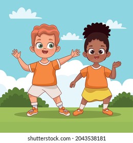 little interracial kids couple in the park