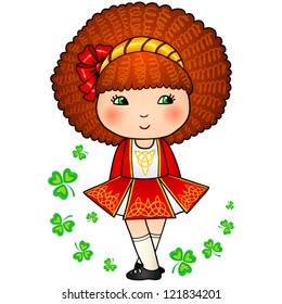 Little Irish dancing girl in red traditional dress and soft shoes, vector illustration