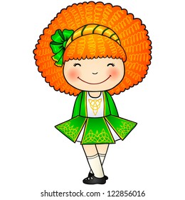 Little Irish dancing girl with red hair in traditional dress and soft shoes