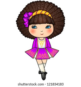 Little Irish dancing girl in violet traditional dress and soft shoes, vector illustration