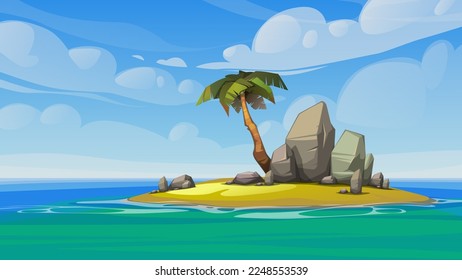 Little island with rocks and palm tree, vector illustration