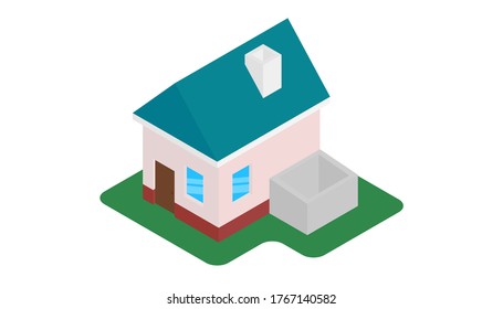 Little isometric house with green grass land background, large trash can. Real estate, rent and home concept. EPS 10 vector illustration file, no transparency or raster image.