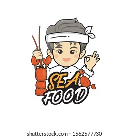 The little japan boy chef's logo is happy, tasty and confident smile,Seafood best quality logo. Shrimp For market, shops and your design vector illustration,  muslim chef