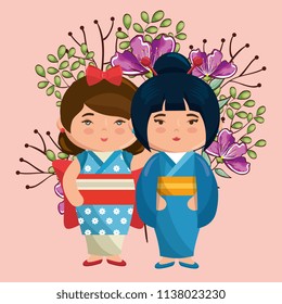 little japanese couple girls kawaii with flowers characters