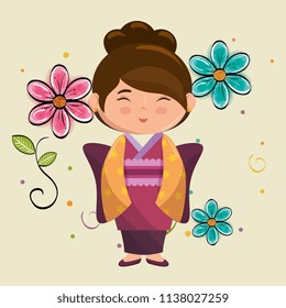 little japanese girl kawaii with flowers character