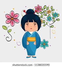 little japanese girl kawaii with flowers character