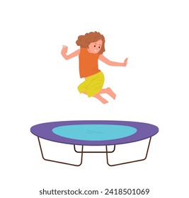 Little joyful girl child cartoon character jumping high on trampoline isolated vector illustration