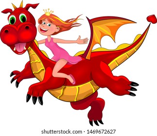 Little joyful girl sits astride a red dragon. Girl and flying dragon.