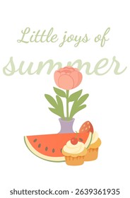 "Little Joys of Summer" Vector Greeting Card with Peony in Vase, Watermelon and Cupcakes