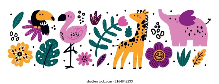 Pequeños animales y pájaros de la jungla al estilo de las caricaturas. Flamingo, jirafa, elefante, toscano, flores exóticas, plantas, hojas. Ilustración infantil impresa con lindos animales salvajes. Colección de naturaleza  