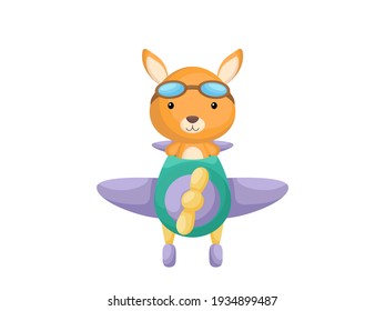 Little kangaroo wearing aviator goggles flying an airplane. Funny baby character flying on plane for greeting card, baby shower, birthday invitation, house interior. Isolated vector illustration