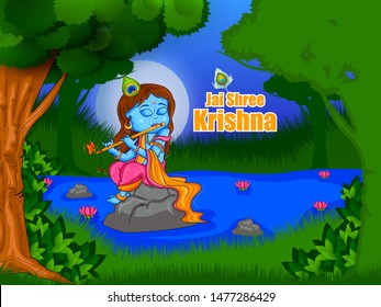 Little Kanha on Krishna Janmashtami festival background of India in vector