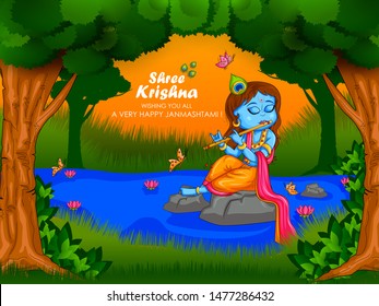 Little Kanha on Krishna Janmashtami festival background of India in vector