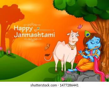 Little Kanha on Krishna Janmashtami festival background of India in vector