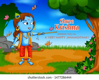 Little Kanha on Krishna Janmashtami festival background of India in vector