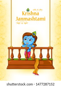 Little Kanha on Krishna Janmashtami festival background of India in vector