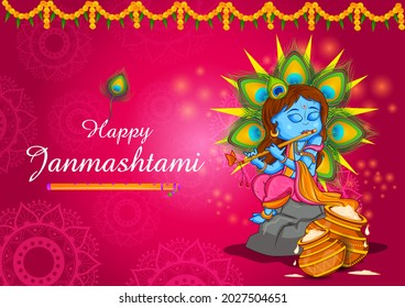 Little Kanha playing bansuri (flute) on Krishna Janmashtami festival background of India in vector