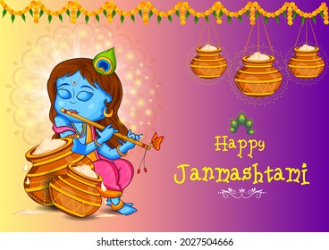 Little Kanha playing bansuri (flute) on Krishna Janmashtami festival background of India in vector