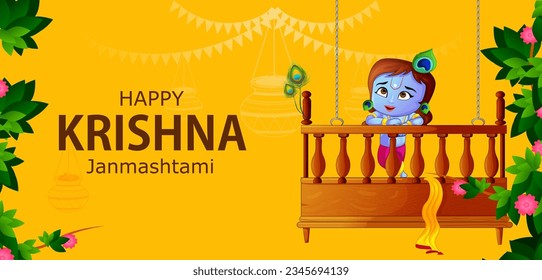 Little Kanha playing bansuri (flute) on Krishna Janmashtami festival background of India in vector