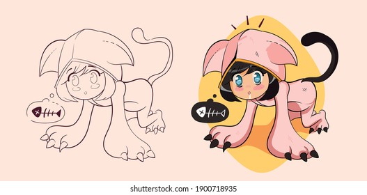 Little kawaii anime girl in the costume of a cat looking for a fish